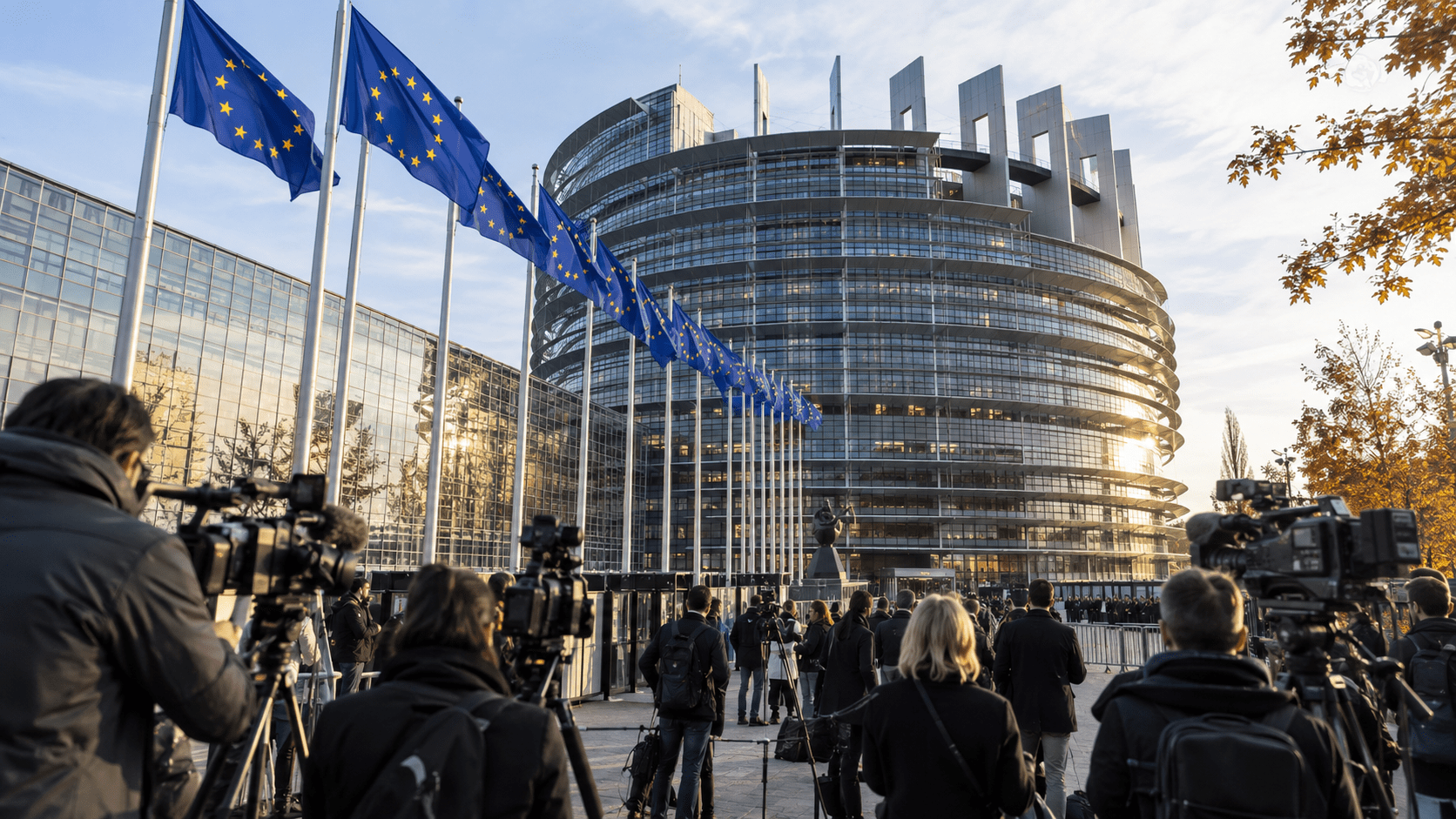 demokratie-schild-eu-2026 EU-Parlament in Straßburg mit Journalistinnen, Journalisten und EU-Flaggen