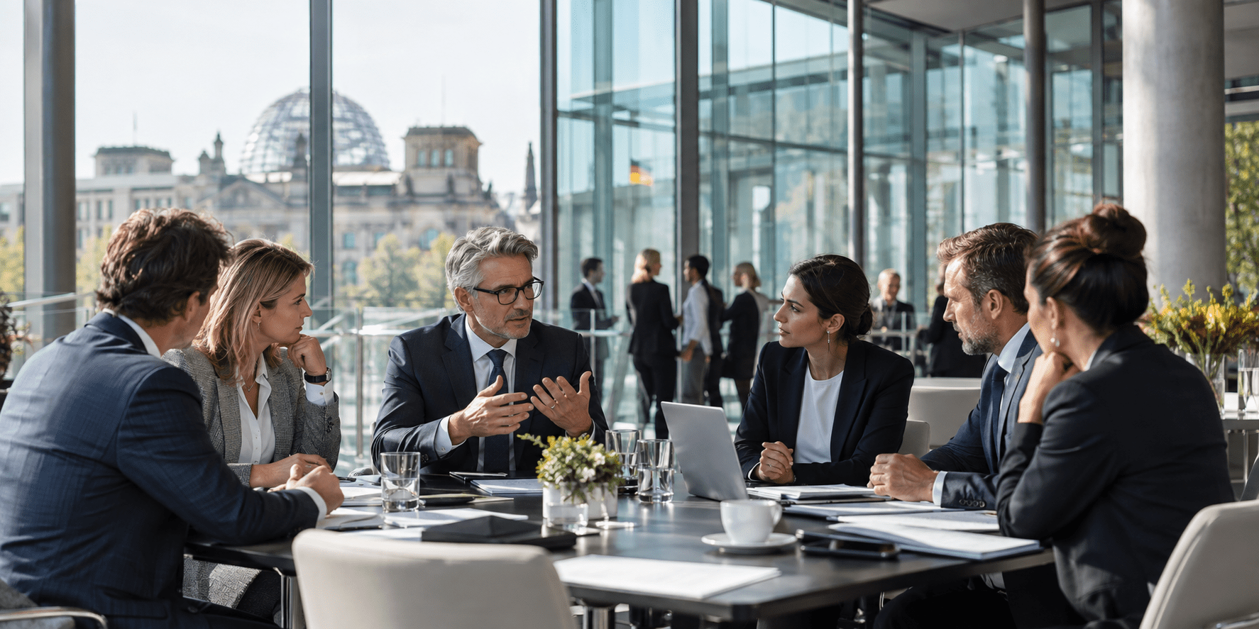 deutschland-wirtschaftsforum-2026 Unternehmerinnen und Unternehmer im Gespräch bei einem Wirtschaftsforum in Berlin