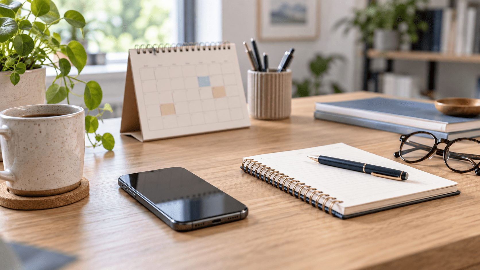 Digitale Abos im Blick Kalender, Smartphone und Notizbuch auf einem Schreibtisch als Symbol für den Überblick über digitale Abos